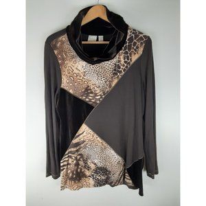 Zenergy Chicos Black & Brown Velvet Animal Print Mock Neck Tunic Sweater L